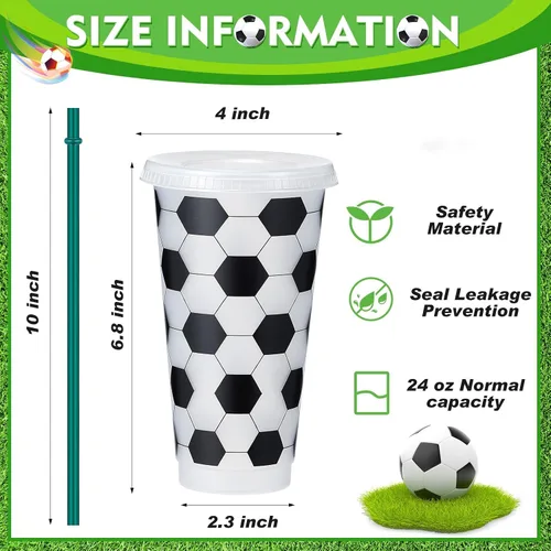 Miniatura 2 de Uiifan 6 Piezas Vasos de Fútbol de Plástico, Vasos Reutilizables a Granel con Tapa y Pajita, Regalos Deportivos para Entrenadores, Aficionados