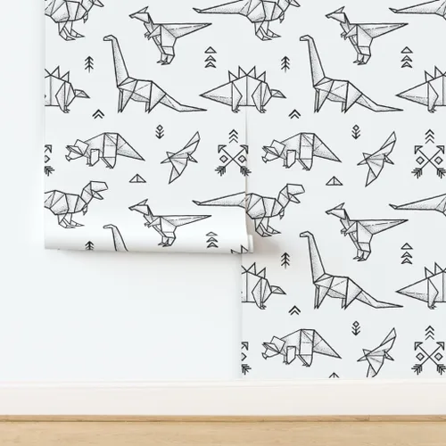 Miniatura 4 de Papel tapiz para despegar y pegar, diseño de dinosaurios de origami, negro, blanco, geométrico, monocromático, extraíble, personalizado Spoonflower