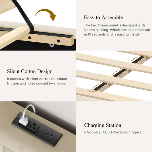 Miniatura 5 de DWVO Base de cama de tamaño matrimonial con cabecera ajustable, 4 cajones de almacenamiento y estación de carga, marco de cama tapizado de Beige