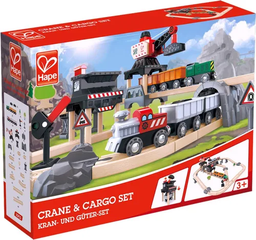 Miniatura 4 de Hape Juego de grúa y tren de carga Juego de juguetes de ferrocarril de madera con grúa magnética, cargador accionado por botones y señal de riel