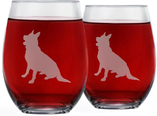 Copas de vino sin tallo (juego de 2) de perros de raza | Regalos para amantes de perros | Silueta de 2 caras grabada a mano con nombre de la raza en