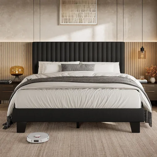 Miniatura 11 de Einhomn Base de cama tamaño Queen con cabecero, base de cama tapizada de lino con listones de madera maciza, sin ruido, no necesita somier, fácil