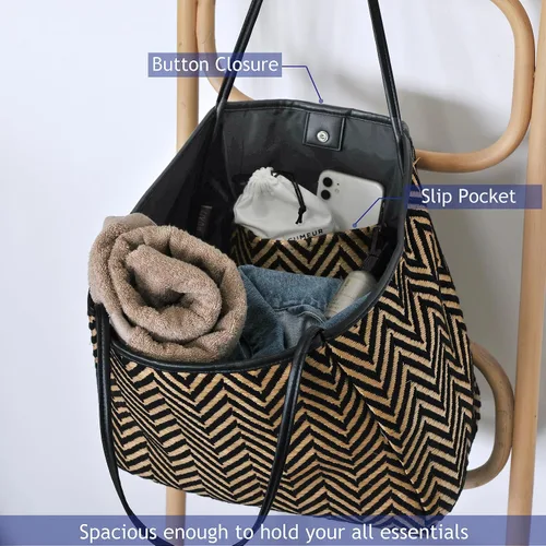 Miniatura 3 de HOXIS Bolso de playa de gran tamaño con ribete de cuero vegano para mujer