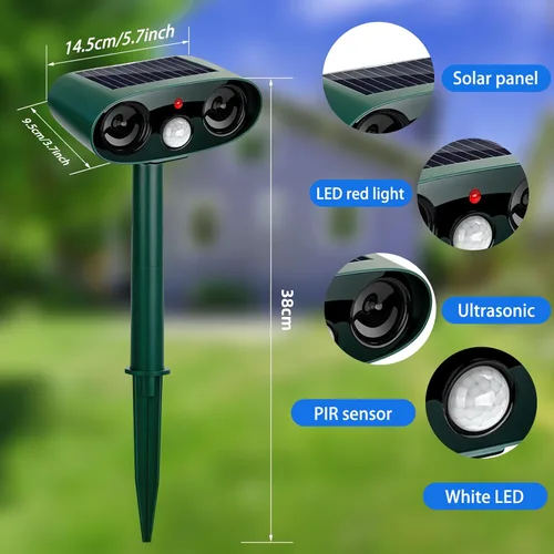 Miniatura 6 de Repelente solar ultrasónico de animales para exteriores, paquete de 4 dispositivos repelentes de ciervos impermeables y disuasorio de gatos