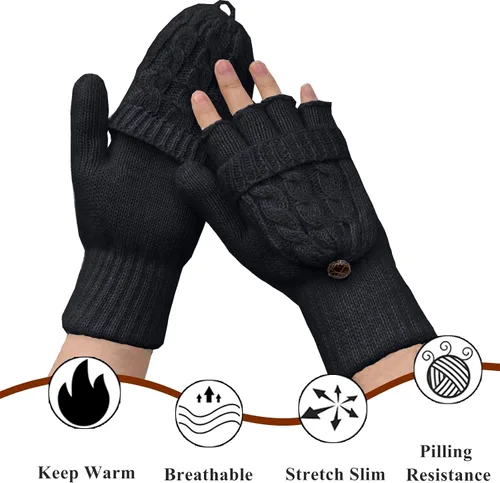 Miniatura 5 de Beurlike Guantes de invierno para mujer, de lana cálida, a prueba de viento, convertibles, sin dedos