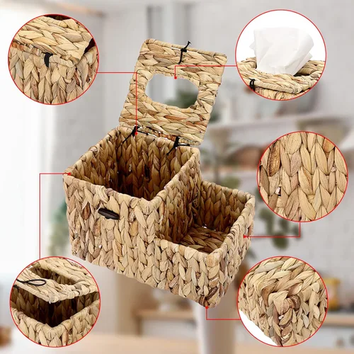 Miniatura 3 de Sumnacon Cubierta de caja de pañuelos cuadrada tejida - Soporte de caja de pañuelos decorativo de mimbre con organizador lateral, soporte de Natural