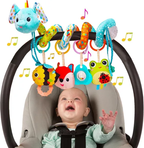 Miniatura 10 de Juguetes de asiento de automóvil para bebés de 0 a 6 meses, juguetes de bebé de alto contraste en blanco y negro colgantes para cuna y cochecito