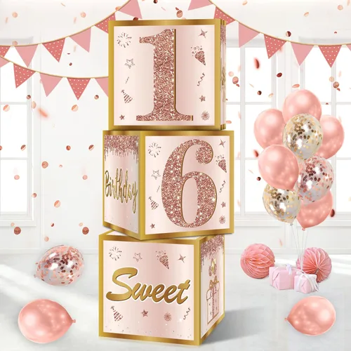 Miniatura 10 de Guiruiy 3 piezas de cajas de decoración para el 30 cumpleaños de mujeres, cajas de globos de cumpleaños de 30 años en rosa y oro rosa, decoración