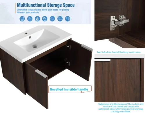 Miniatura 4 de LKTART Moderno flotador de 30 pulgadas para baño y lavabo, conjunto de tocador montado en la pared con puerta de cierre suave, juego de gabinete