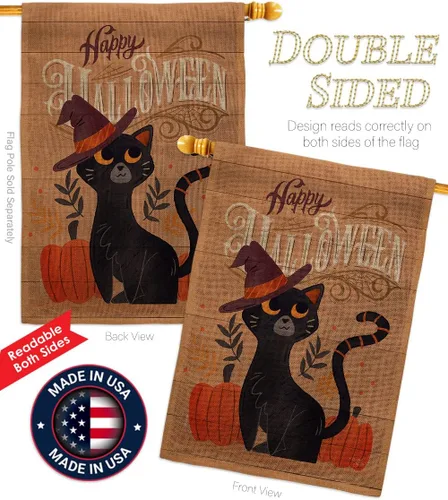 Miniatura 3 de Breeze Decor Juego de bandera de arpillera de gato brujo, decoración de calabaza, decoración de calabaza para otoño, Halloween, Halloween, bruja