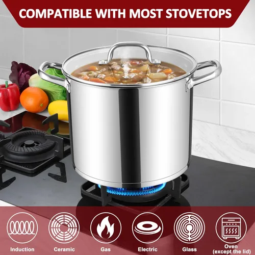 Miniatura 4 de Herogo Olla de acero inoxidable 18/10 de 12 cuartos de galón con tapa, olla grande y resistente compatible con cocinas eléctricas, de gas