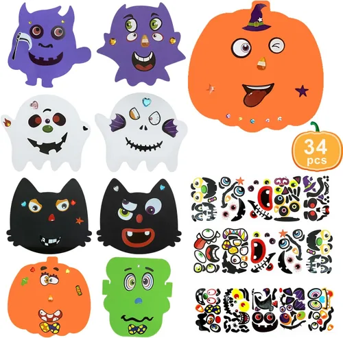 Taocco 34 kits de manualidades de Halloween para niños, kit de manualidades de calabaza de espuma de Halloween y calcomanías de calabaza para niños,