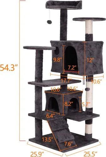 Miniatura 6 de ZENY Árbol para gatos de 54 pulgadas, condominio de torre para gatos de interior, casa para gatos de varios niveles con poste rascador cubierto