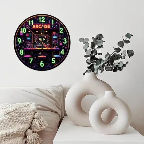 Miniatura 5 de Mini reloj arcade retro de arte neón de madera de 10 pulgadas, movimiento silencioso, funciona con pilas (AA pilas no incluidas), decoración
