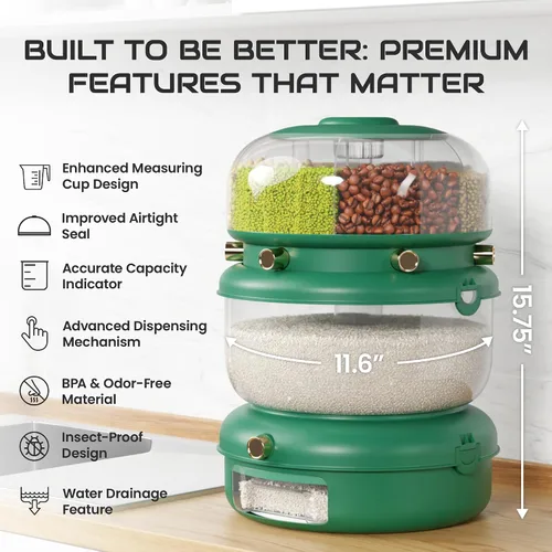 Miniatura 2 de Dispensador de arroz y granos múltiples: almacenamiento de alimentos giratorio 3 en 1 hermético con colador, soporta hasta 22 libras