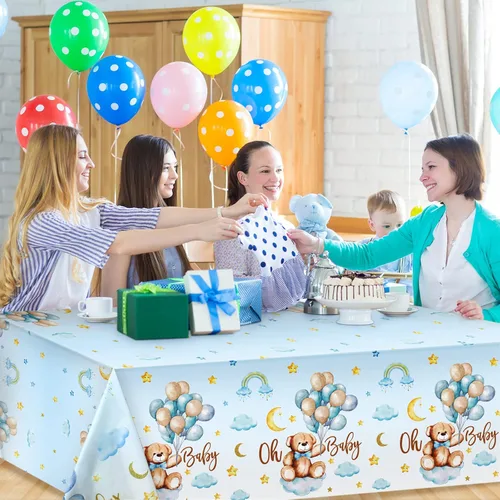 Miniatura 6 de Tatuo Paquete de 3 manteles rectangulares de plástico con diseño de oso para baby shower, para niños y niñas, revelación de género, cumpleaños, baby