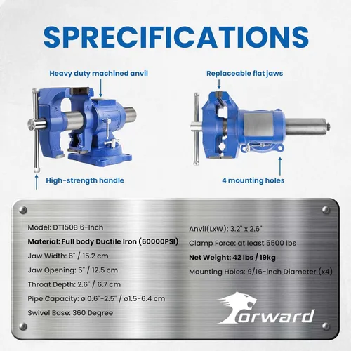 Miniatura 7 de Forward HY-DT150B-6IN - Tornillo de banco resistente con base giratoria de 360 grados y cabeza con yunque (6 pulgadas)