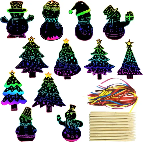 PARSUP 96 Piezas Papel para Rascar de Árbol de Navidad y Muñeco de Nieve Color Arcoíris Adornos para Rascar Decoraciones de Navidad Kits de Arte y