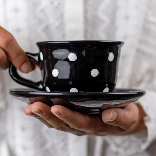 Miniatura 15 de City to Cottage Taza y platillo de café capuchino de cerámica grande de lunares blancos y negros hechos a mano de 12 oz/11.8 fl oz, cerámica