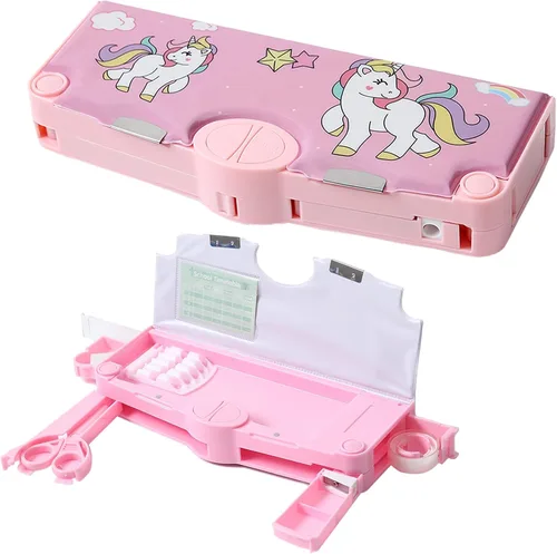 Miniatura 9 de Estuche multifunción para niños y niñas, bonita caja organizadora de lápices de dibujos animados con sacapuntas, tijeras y regla, regalos de Negro