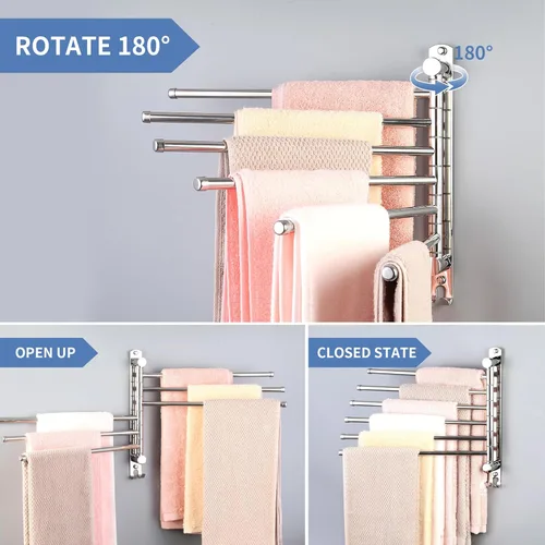 Miniatura 3 de Toallero giratorio, barra para toallas con montaje en pared y rotación de 180°, colgador de toallas de 6 brazos de acero inoxidable SUS 304, ahorro