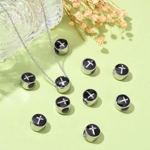 Miniatura 6 de LiQunSweet 10 cuentas europeas de acero inoxidable esmaltadas negras de 0.197 in con agujero grande, cuentas planas redondas cruzadas espaciadoras