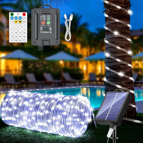 Nuevas luces de cuerda solares mejoradas para exteriores, impermeables, 32m, 300 LED, luces de tira solares con control remoto, temporizador,