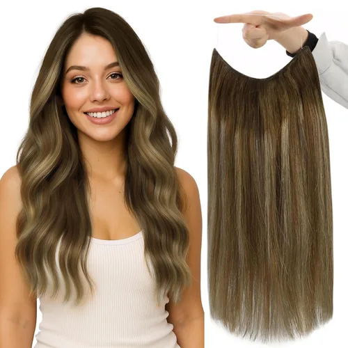 Fshine - Extensiones de cabello humano con clip, de 16 pulgadas, con clip, color marrón chocolate, mezcla de rubio caramelo, extensiones de cabello