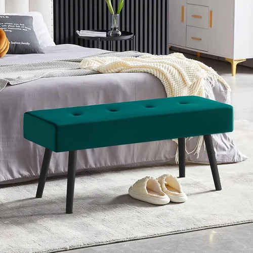 Miniatura 4 de Homedot Banco para entrada, banco de comedor tapizado sin brazos, elegante banco de terciopelo para sala de estar, copetudo con patas de metal