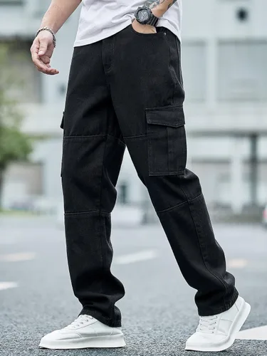Miniatura 3 de WDIRARA Pantalones de mezclilla tipo cargo texturizados para hombre, pierna recta, con múltiples bolsillos con solapa