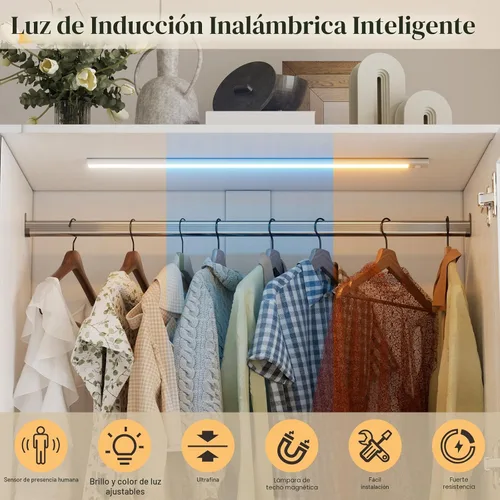 Miniatura 7 de PAKASEPT Armario Guardarropa con Puerta de Vidrio y Cajones, Gabinete Armario de Dormitorio con Barra Colgante, Armario Independiente Iluminado