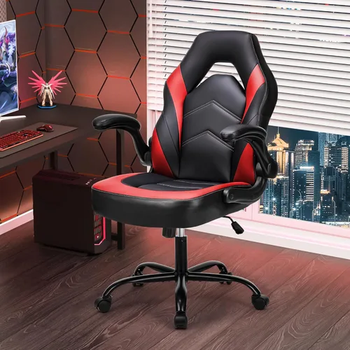 Miniatura 29 de NEWBULIG Silla de escritorio para juegos de computadora, soporte lumbar ergonómico grande con reposabrazos abatibles y ruedas giratorias de 360°