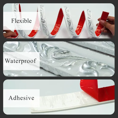 Miniatura 3 de Colamo Tira de calafateo blanca cromada de 16.4 pies para bordes, cuerpo lateral, molduras adhesivas flexibles y adornos para pared, espejo, techo