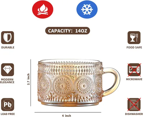 Miniatura 7 de Gezzeny Tazas de café vintage de 14 onzas, juego de 2 tazas de té de vidrio en relieve ámbar para capuchino, café con leche, cereales, yogur