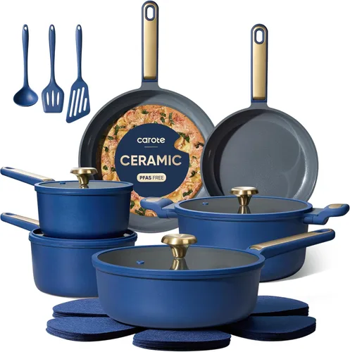 CAROTE Juego de utensilios de cocina de cerámica, juego de ollas y sartenes antiadherentes de 18 piezas, juego de utensilios de cocina no tóxico,