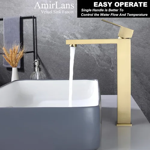 Miniatura 3 de llave de fregadero dorado cepillado, grifo de baño dorado de un solo agujero, grifo de fregadero de una sola manija alto con desagüe desplegable