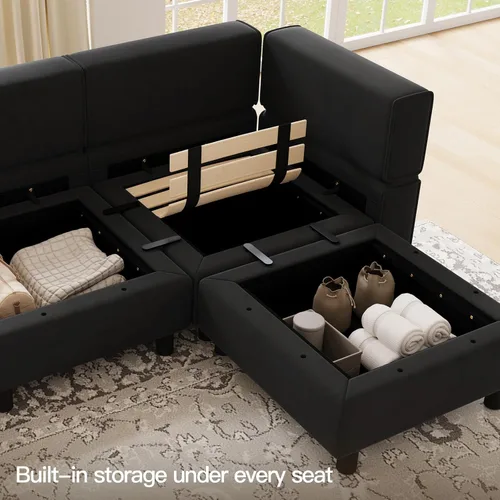 Miniatura 3 de Belffin Sofá modular en forma de U con tumbonas reversibles, de terciopelo, con asiento de almacenamiento, color negro