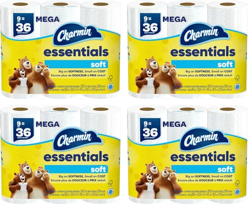 Charmin Essentials - Papel higiénico suave, 9 mega rollos = 36 rollos regulares (paquete de 4)