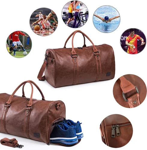 Miniatura 9 de Bolsa de viaje de cuero con bolsa para zapatos, bolsa impermeable para fin de semana, bolsa de lona de mano para hombres y mujeres, color negro