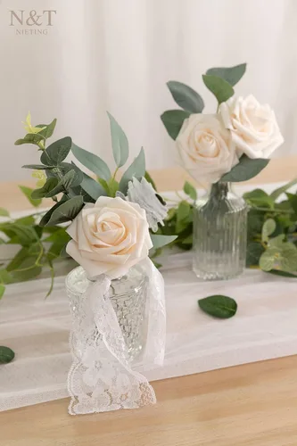 Miniatura 143 de N&T NIETING Flores artificiales, rosas artificiales de color rosa intenso, 50 piezas de flores falsas con tallo para ramos de boda DIY, centros