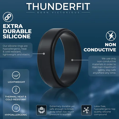 Miniatura 2 de ThunderFit Silicone Wedding Rings for Men - Step Edge Sleek Design Rubber Engagement Bands - 8mm Width - 2mm Thickness