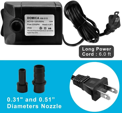 Miniatura 4 de DOMICA Bomba de fuente ultra silenciosa de 220 GPH (15 W 800 L/H), pequeña bomba sumergible para estanque, característica de agua, acuarios