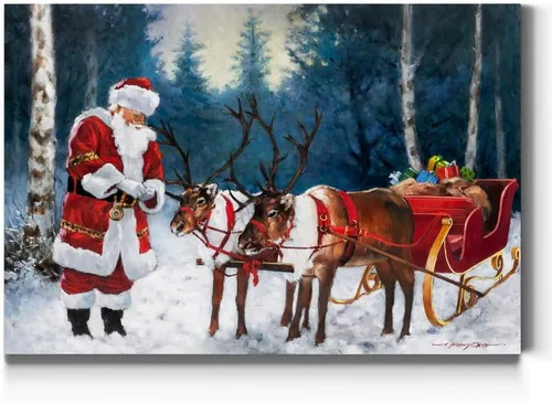 Miniatura 25 de Renditions Galley - Arte de pared de Papá Noel de dibujos animados, fondo de copo de nieve verde y blanco, decoraciones de Navidad lindas y frescas