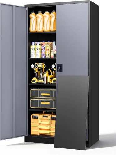 Miniatura 20 de Armario de almacenamiento de metal, archivador alto con 2 estantes ajustables y cajón, gabinete de herramientas de acero con cerradura para oficina