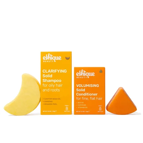 Ethique Beauty Clarifying - Juego de champú y acondicionador para cabello graso y acumulación con aceite de ricino, sin plástico, vegano, sin