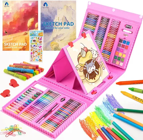 Miniatura 10 de VigorFun Suministros de arte, kit de arte de dibujo de 240 piezas, estuche de arte de regalo con caballete triple de doble cara, incluye blocs