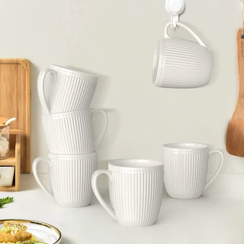 Miniatura 5 de Juego de Tazas de Café de 6, Tazas de Café Blancas de 16 Oz, Tazas de Porcelana, Grandes y Fáciles de Agarrar, Juego de Tazas en Relieve para Café