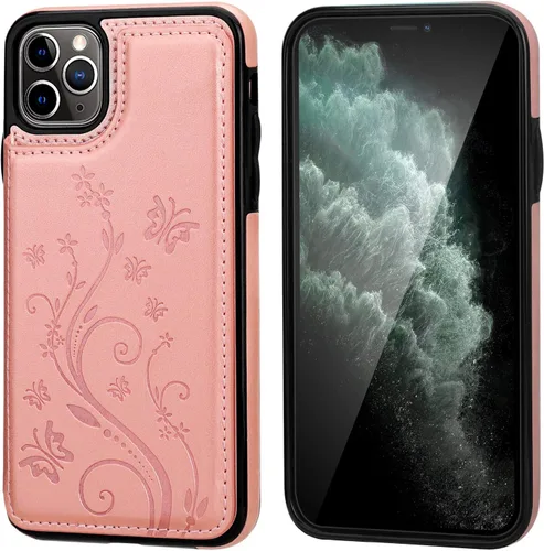 Miniatura 3 de Vaburs Funda para iPhone 11 Pro Max con tarjetero, diseño de mariposa en relieve de piel sintética de alta calidad, doble botones magnéticos, a Oro