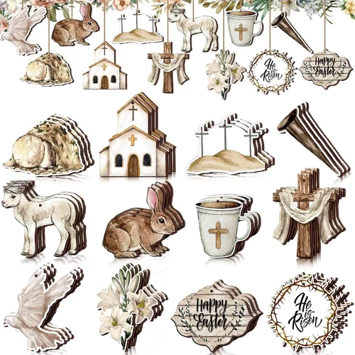 36 piezas de decoraciones vintage para árbol de Pascua, adornos religiosos de Pascua para árbol He is resucitado, adornos colgantes de madera,