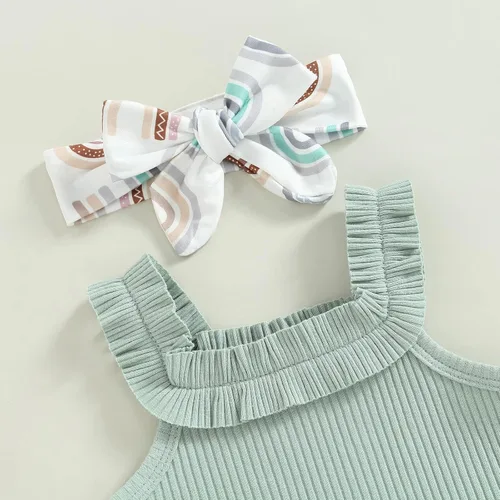 Miniatura 107 de TheFound Trajes de verano para niñas pequeñas, sin mangas, de punto acanalado, halter, pantalones cortos, ropa para recién nacidos, conjunto de 3